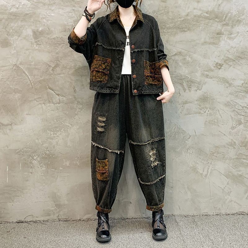 Sewing Jackets - 가을 겨울 여성 레트로 카우보이 세트