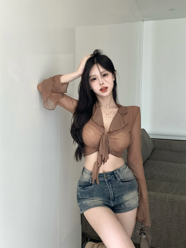 여성용 긴 플레어 소매 블라우스, 레이스업 메쉬, 섹시 - Sewing V 리뷰 및 가격